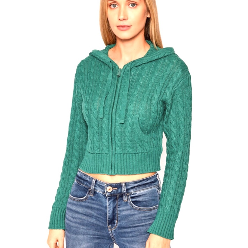 American Eagle | Green Cropped Cable Knit Zip-Up Sweater w/ Hood | Size: Med